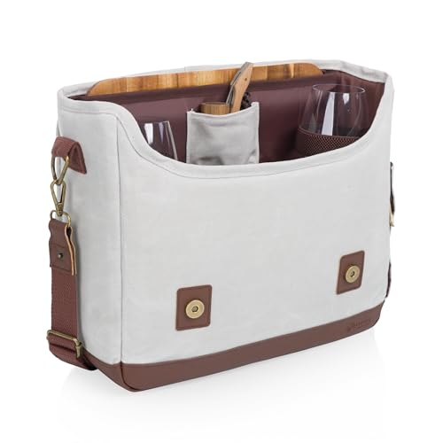 PICNIC TIME Adventure Wine Tote Bag with Wine Glasses and Mini Table, Wine Picnic Bag, 2 Bottle Wine Bag, (White) - color: White