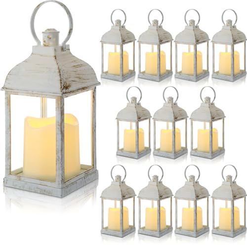 12 Set 10 Inch White Decorative Candle Lanterns Bulk Lanterns Centerpiece with LED Flameless Candle Indoor Outdoor Battery Powered Hanging Lights for Wedding Mother Day Party Decoration - color: White