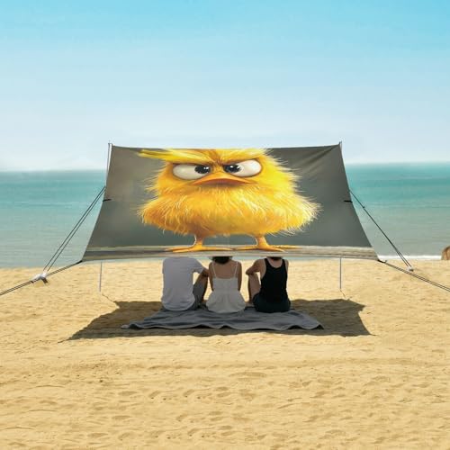 Cartoon Funny Pet Chicken Inquisitive Foldable Beach Tent UPF50+ Easy Setup Sun Shade with Sand Shovel, Sandbags for Family Trips, Picnics & Camping