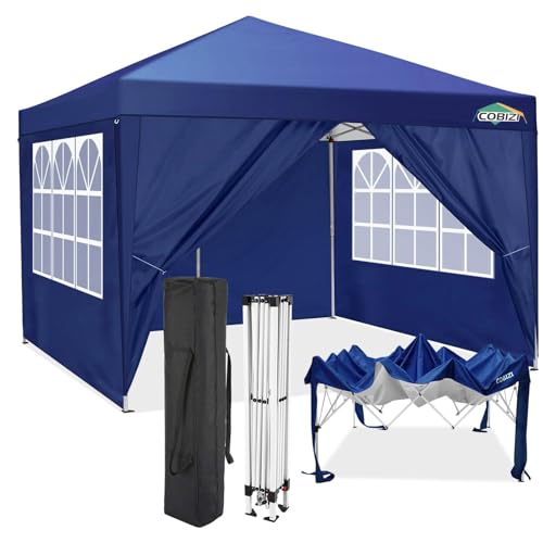 COBIZI 10x10 Pop Up Canopy Tent with 4 Removable Sidewalls, UPF 50+ Waterproof 10x10 Outdoor Portable Canopy for Commercial, Parties, Backyard, Beach with Carry Bag, Ropes, Stakes (Navy Blue, 10'x10') - color: Deep Blue, size: 10x10 FT