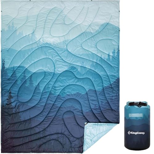 KingCamp Ultralight Camping Blanket, Packable Down Alternative Puffy Printed Wearable Blanket with Snap Buttons & Corner Loops Weatherproof Quilt for Outdoor Travel Stadium (78.7"L x 57.1”W, CYAN) - color: Scenictrail-cyan, size: 79" x 57"