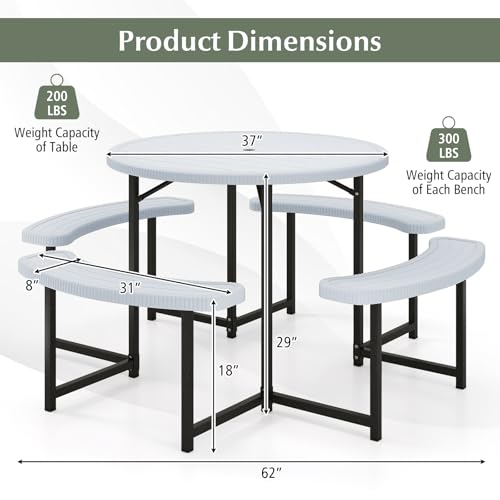 Giantex Picnic Table Bench Set for 4-8 Person, Round 37” Outdoor Dining Table w/Umbrella Hole, HDPE Tabletop, Metal Frame, Patio Furniture Set for Backyard Porch Lawn, 1400lb Capacity (Gray,Round) - color: Grey, size: Round-37"x37"x29"