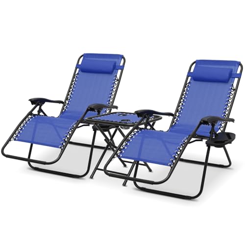 Athena Collection Zero Gravity Outdoor Lounge Chair Set of 2 with Side Table, 29" Width Pool Lounge Lawn Chairs Reclining with Cup Holder, Outdoor Chaise for Beach Patio Backyard Outside, Blue - color: Blue, style: 29" Width