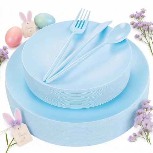 ejonirinjonir EI 150pcs Blue Plastic Plates Disposable Light Blue Baby Shower Plates Heavy Duty Dinnerware Set Plastic Silverware for Party,Wedding,Easter,Spring Afternoon Tea - color: Baby Blue Frosted Plastic Plates
