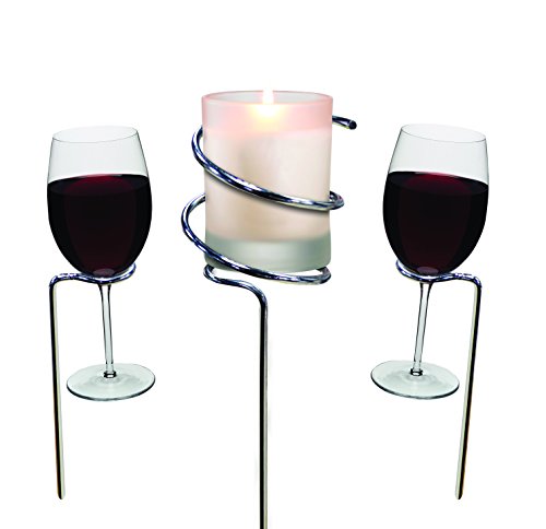 Basily Wine Stake Set - holds your wine and glasses in the ground, prevents from spilling and breaking, Stainless Steel