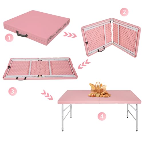 Portable 4Ft Folding Table, Heavy Duty Plastic Fold-in-Half Utility Foldable Table Small, Adjustable Height Plastic Folding Table with Carrying Handle for Camping & Party Indoor/Outdoor (Pink) - color: Pink, size: 4Ft