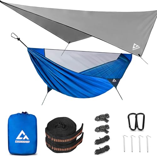 Camping Hammock Mosquito Net with Rain Fly - Rain Fly Tarp & Hammock Bug Net, Portable Parachute Nylon Hammock for Outdoor, Hiking, Backpacking, Backyard, Beach, Travel (Hold Up to 500lbs) - color: Blue