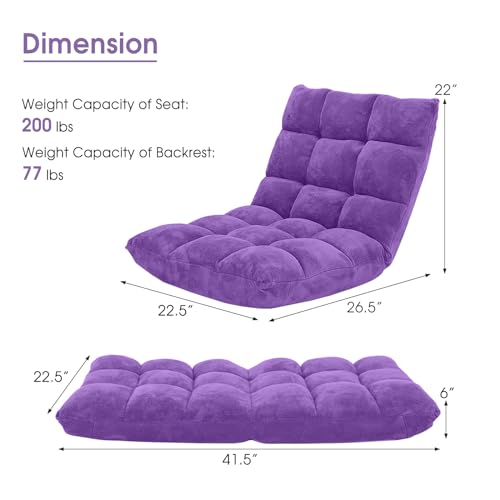 Giantex Floor Chair with Back Support, 14 Adjustable Position, Padded Sleeper Bed, Couch Recliner, Folding Gaming Floor Chairs for Adults, Living Room, Bedroom, Yoga, Meditation, Purple - color: Purple, size: 26.5"x22.5"x22"