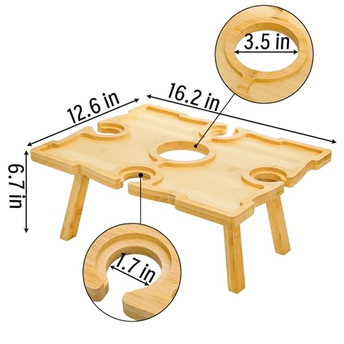 Coloch Portable Bamboo Wine Picnic Table with Wine Glass Holder, Foldable Rectangle Picnic Table Tray Beach Snack Table for Outdoor, Park, Beach, Camping, Wine Lover Gift