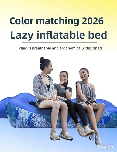 Inflatable Lounger Sofa Bed Blue Leaf Print 210T Tear Protective Nylon with Breathable Mesh Safety Buckle Windproof Nails for Beach Camping Outdoor