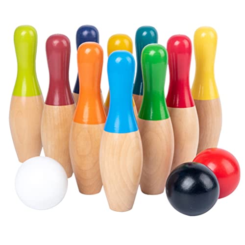 Wooden Bowling Game, Garden Game Set with 10 Pins 3 Balls and Mesh Bag for Kids Adults, Indoor Outdoor Lawn Backyard Activity