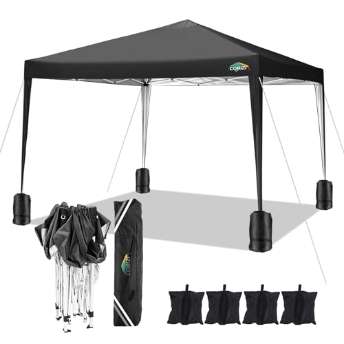 COBIZI 10x10 Pop Up Canopy Tent with 4 Sandbags, Easy Set Up Gazebo, Instant Outdoor Sun Shade &Waterproof Canopy with 8 Stakes,4 Ropes&Carry Bag, Tents for Parties, Beach, Backyard,Camping(Black - color: Black, size: 10x10FT without sidewall