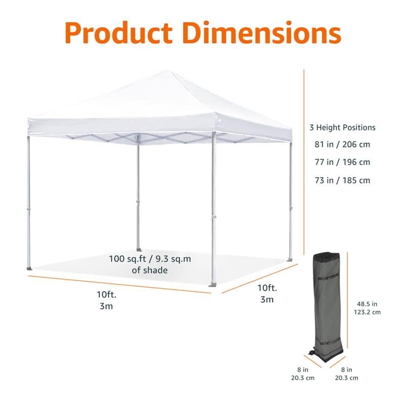 Amazon Basics Outdoor Pop Up 10 x 10 Canopy Tent for Events, Portable with Easy Setup, Sun Shelter, Includes Wheeled Carry Bag, 8 Pegs, 4 Ropes, 4 Weighted Bags, White - color: White, style: Pop Up