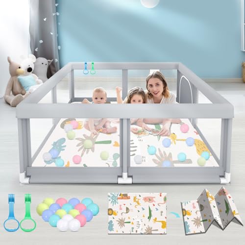 Fshibila 50" ×50" Baby Playpen with Mat, Baby Playard for Babies and Toddlers, Play Pens for Indoor & Outdoor, Sturdy Safety Play Yard with Soft Breathable Mesh, Anti-Fall, Ball x 18, Handle x 2, Grey - color: Grey, size: 50 × 50 Inch + Mat&handle&ball