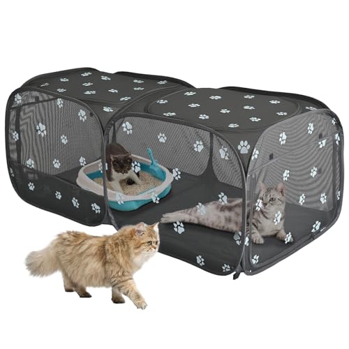2-in-1 Dog Playpen 58''Pop Up Cat Pet Playpen, Assembly-Free Indoor Outdoor Kitten Enclosure, Breathable Cat Cage Portable Puppy Tent Crates,Spacious Kennel for Small Animals, No Confinement Feel(M) - color: Black, size: M, 58.3"L x 30"W x 24.1"H