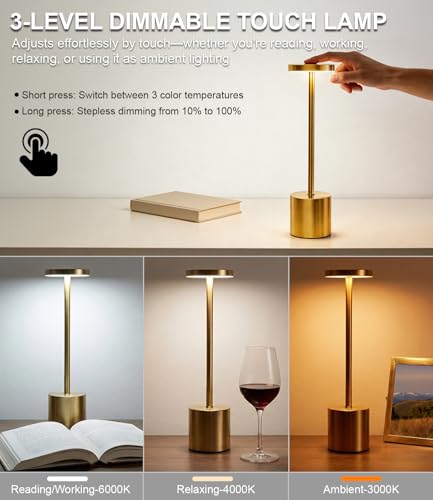 Swinerton Cordless Table Lamp Set of 2, Gold 5000mAh Rechargeable Battery Operated Lamps, Wireless 3 Color Dimmable Touch Lamp Table Light for Restaurant Dining Patio Outdoor, Home Decor - color: Gold (Set of 2)