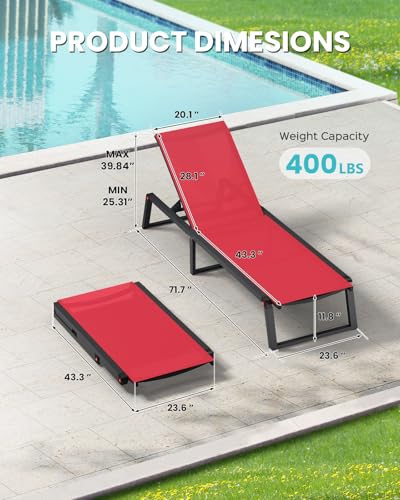 Aluminum Chaise Lounge Chair Outdoor, Foldable& No Assembly Patio Pool Lounge Chairs 5-Position Recliner for Outside, Fully Grounded Legs Sun Lounger for Poolside, Red - color: Red, size: 1