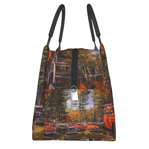 Classic Car Reusable Lunch Box,Countryside Scene with Tree and Vehicle Lunchbox for Men Boys,Insulated Lunchbag,11in*6.3in*6.7in,Gifts Makeup Bag,Portable Handbag for Picnic Work Travel Hiking - color: Car 01