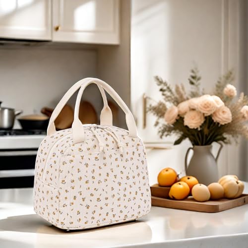LEDAOU Lunch Box for Women Insulated Lunch Bag Corduroy Lunch Tote Bags Leakproof Cooler Lunch Case for Travel Work Picnic - color: Corduroy Little Flower