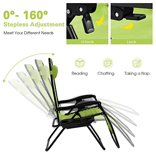 Goplus Zero Gravity Lounge Chairs, 160°Adjustable Folding Recliner w/Pillow and Cup Holder, 350LBS Comfy Outdoor Lounge Chairs for Patio, Lawn, Yard & Camp(1, Green) - color: Green, size: 35.4" x 25.2" x 43.3" (Set of 1)