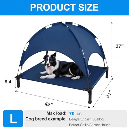 Elevated Dog Bed with Canopy Raised Pet Cot for Large Dogs, Outdoor Dog Cot with Removable Sun Shade Tent, Breathable Mesh Portable Dogs Cot for Camping, Beach, Backyard, Outdoor Use - color: Blue, size: 42.1"l X 31"w X 37"h