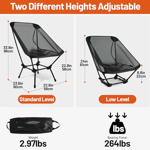 喜马拉雅 Himalaya Ultralight Beach Chair, 2 Heights Lightweight Camping Chair, Folding Mesh Backpacking Chairs, Portable Compact Camp Chairs for Hiking Picnic Lawn Festival Outdoor