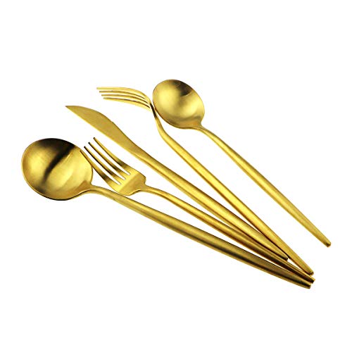 5-Piece 18/10 Stainless Steel Matte Gold Flatware Set - Dishwasher Safe, Perfect for Home, Office, or Travel - color: Gold, size: Service for 1