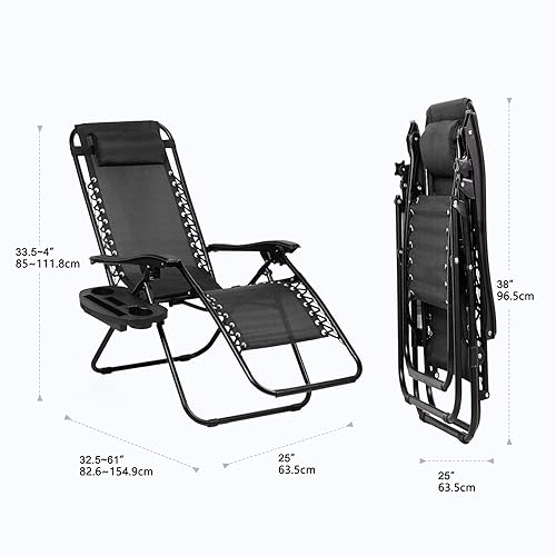 Nazhura Set of 2 Relaxing Recliners Patio Chairs Adjustable Steel Mesh Zero Gravity Lounge Chair Beach Chairs with Pillow and Cup Holder Black - color: Black