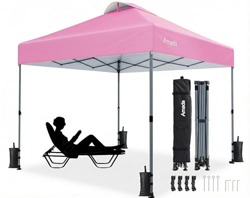 Amada 10x10 Pop Up Canopy Tent, 1-Button Push Easy-up Outdoor Canopy Beach Tent with 3-Height Adjustable Waterproof Shade Shelter, Wheeled STO-N-Go Bag 8 Stakes, 4 SandBags (Pink) - color: Pink, size: 10x10ft