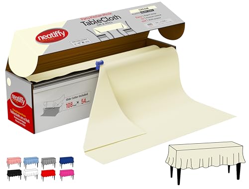 Neatiffy Disposable Plastic Table Cloth Roll | 54 in x 108 Ft Waterproof Tablecloth | Table Cover for Rectangle, Square, Round Oval Tables | Picnic, Party, Banquet, Birthdays, Weddings - Ivory - color: Ivory