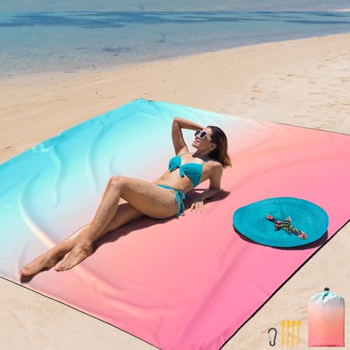 AISPARKY Beach Blanket Waterproof Sandproof Extra Large, Oversized Beach Mat, Quick Drying&Compact&Lightweight, Picnic Blankets Vacation Essentials for Outdoor Beach Camping (79" X 108" (6 Person)) - color: Gradient - Pink Green, size: 9' x 6'7"