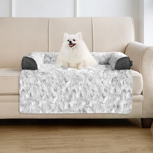 Calming Small Dog Bed for Couch, 35 x 31 inch Removable Couch Cover for Dogs Washable, Non-Slip Fluffy Plush Dog Sofa Mat for Furniture Protector - Grey - color: Grey, size: Medium