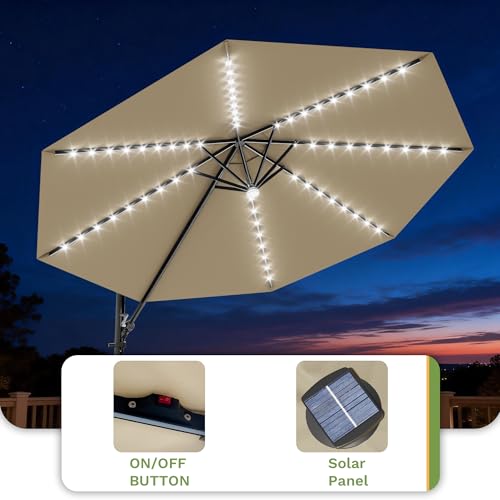 Patiowell 10 FT Patio Umbrella with Solar LED Light, Outdoor Cantilever Umbrella with 360 Degree Rotation, Outside Large Round Sun Umbrella with Frame for Backyard Garden Poolside, Beige - color: Beige with Light, size: 10 FT