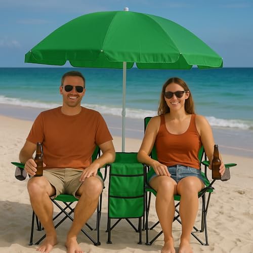 GoTEAM! Portable 2-Seat Folding Camp Chair with Cooler, Umbrella & Cup Holders – Outdoor Picnic, Beach, or Tailgate Seating – Carry Case Included - color: Green