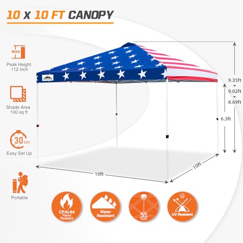 EAGLE PEAK Pop Up Canopy Tent with Wheeled Carry Bag, 8 Stakes, 4 Ropes, 4 Weight Bags, Easy Set Up Tent Canopy, 10x10 ft, 100sqft of Shade, American Flag - color: American Flag, size: 10x10