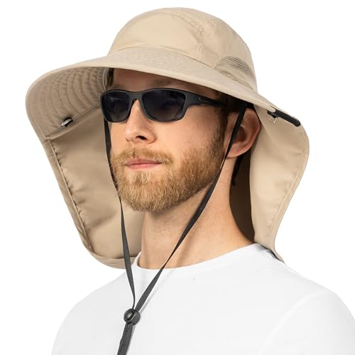 SUN CUBE Wide Brim Sun Hat with Neck Flap, UPF50+ Hiking Safari Fishing Hat for Men Women, Sun Protection Beach Hat - color: Tan