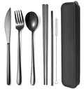 AARAINBOW 6 Pieces 18/8 Stainless Steel Flatware Set Portable Reusable Cutlery Set Travel Utensils Set Including Chopsticks Knife Fork Spoon Straws Cleaning Brush Dishwasher Safe (Black) - color: Black