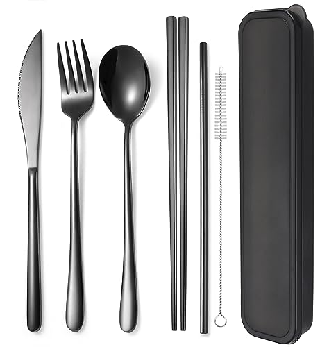 AARAINBOW 6 Pieces 18/8 Stainless Steel Flatware Set Portable Reusable Cutlery Set Travel Utensils Set Including Chopsticks Knife Fork Spoon Straws Cleaning Brush Dishwasher Safe (Black) - color: Black