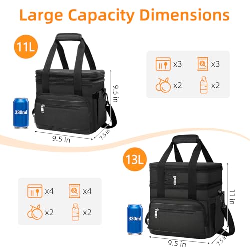 Insulated Lunch Box for Men & Women - Double Layer Leakproof Lunch Bag with Adjustable Shoulder Strap, Expandable Food Cooler for Work, Office, Travel, Camping (Black) - color: Black, size: Expandable Double