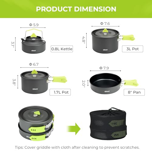 Alocs Camping Cookware Set - Lightweight Camping Pots and Pans - Portable Outdoor Cookware with Kettle - Camping Cookware Mess Kit for 2 - style: Ergo-grip Edition (4-piece)