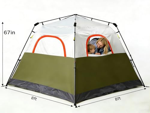 3/4 Person Camping Tent with 1 Door, 4 Windows, and Upgraded Ventilation– Instant Setup, Waterproof, 8'x 8'x 67''Oxford Fabric Floor Pop Up in 60 Seconds Includes Rainfly and Backpack - color: 4 Person Army Green/2-Layer