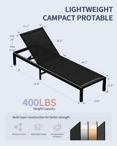 Aluminum Lounge Chairs Outdoor Chaise Furniture,2 Sets Patio Metal Deck Lounger Adjustable 5-Position Poolside Chase Recliner with Wheels for Beach,Coffee Table, (Black, 1 Chair) - color: Black, size: 1 Chair