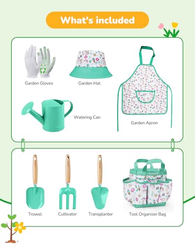 Grenebo Kids Gardening Set Toys,Includes Metal Trowel,Transplanting Shovel,Garden hat,Rake,Apron,Gloves,Watering Can,and Tool Organizer Bag (Lake Green) - color: D-lake Green