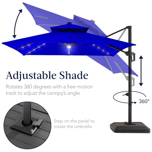 Best Choice Products 9x12ft LED Cantilever Patio Umbrella w/Base Included & 360° Rotation, Large Solar Offset Hanging Outdoor Sun Shade for Deck, Backyard Table w/Stand & Lights – Resort Blue - color: Resort Blue, size: 9x12ft