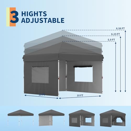 10x10 Pop Up Canopy with 3 Sidewalls - Easy Up Camping Tent with One Button Push Setup - 1 Roller Bag, 3 Adjustable Height, 4 Weight Bags for Deck, Garden, Sports, Beach, Party - Grey - color: Gray, size: 10x10