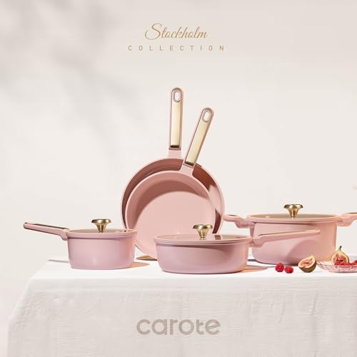 CAROTE Ceramic Cookware Set Nonstick, 14pcs Pots and Pans Set Nonstick, Non-Toxic & PFAS-Free, Dishwasher, RV/Camping Cookware Set, Cooking Pots with Lids, Pink Blush - color: Light Pink