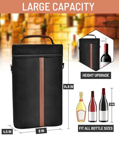 Insulated Wine Bag - Wine Bottle Carrier Tote Cooler Bags for Gifts Travel Picnic Beach, Black - 2 Bottle - color: Black, size: 2 Bottles