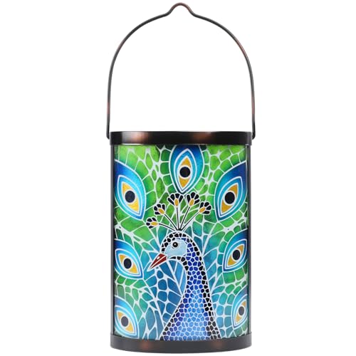 Hanging Solar Lantern Outdoor Waterproof Peacock Solar Lights Glass Tabletop Decorative Lamp for Outdoor Patio Garden Outside Yard Decor - style: New_Peacock