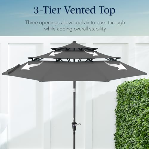 Best Choice Products 10ft 3-Tier Market Patio Umbrella, Outdoor Sun Shade with Tilt, Crank Lift, 8 Ribs for Backyard, Deck, Poolside - color: Gray