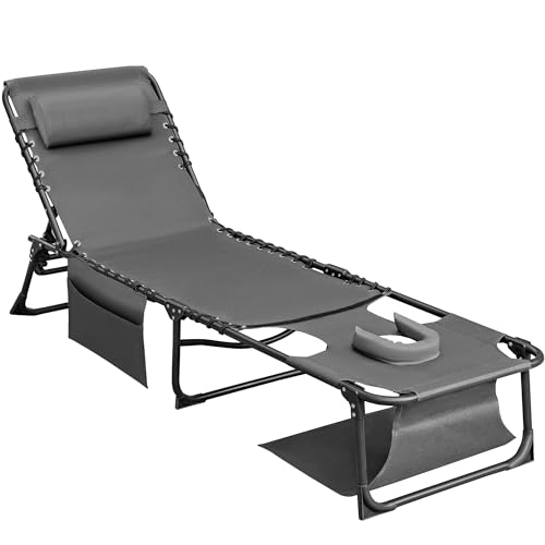 Flamaker Face Down Chaise Lounge Chair 5-Position Adjustable Sunbathing, Foldable Tanning Chair with Face& Arm Holes, Outdoor Recliner Chair for Pool, Beach, Patio, Lawn (Grey, 1 Pcs) - color: Grey, style: Sauna, 1 Pcs